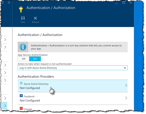 'Azure Active Directory' option highlighted in the list of available Authentication providers