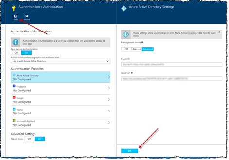 Red arrows pointing to the OK button on the 'Azure Active Directory Settings' blade and the Save button on the 'Authentication / Authorization' blade