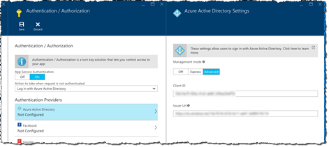 Application registration information filled in on the 'Azure Active Directory Settings' blade