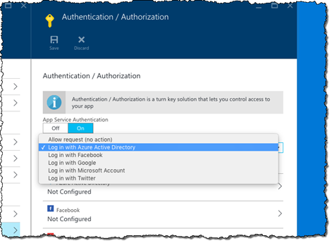 The 'Login with Azure Active Directory' option highlighted in the 'Action to take when request is not authenticated' drop-down
