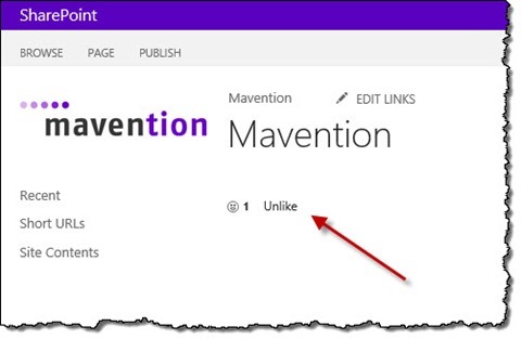 SharePoint 2013 like control displayed on a Publishing Page using Mavention Like This Page