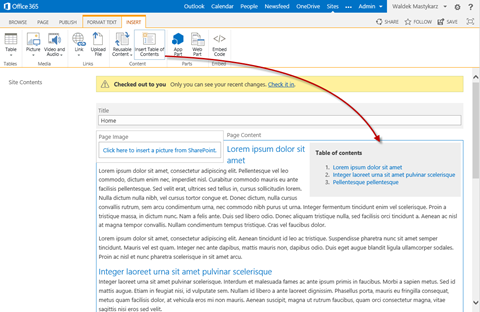 Table of contents inserted using the Mavention Insert Table of Contents App for SharePoint