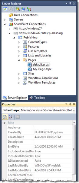 Properties of a Publishing Page displayed in the Visual Studio 2010 Properties Window