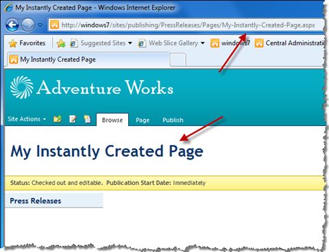 Publishing Page created using Mavention Instant Page Create Feature gets the URL based on the Title entered while editing content.