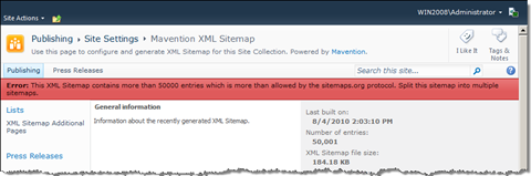 Error message about having crossed the limit of 50000 entries in the XML Sitemap.