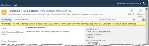 Warning message about almost exceeding the limit of 50000 entries in the XML Sitemap.