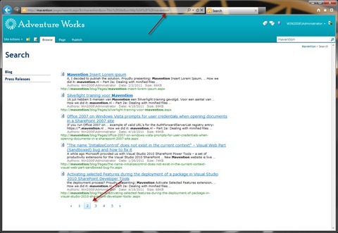Arrows pointing to the URL of the page and the highlighted page in the Search Paging Web Part