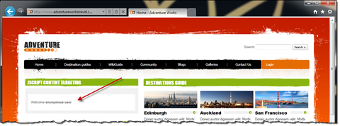 Adventure Works Travel site with a red arrow pointing to the welcome message for anonymous users