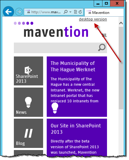 The ‘desktop version’ link displayed on mavention.com