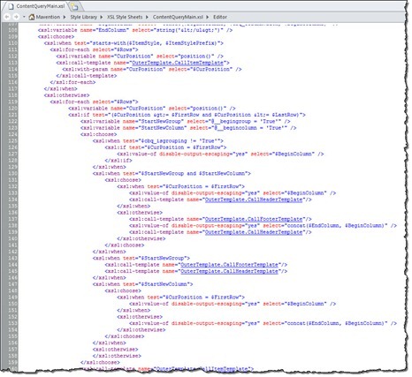 ContentQueryMain.xsl after adding the code snippet