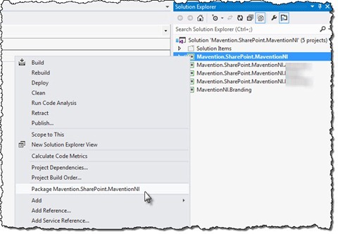 The ‘Package project’ menu option highlighted in the context menu of a SharePoint 2013 project in Visual Studio 2012 RC