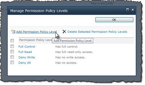 The ‘Permission Policy Level’ button highlighted
