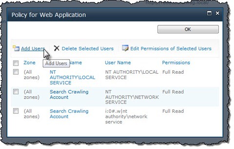 The ‘Add Users’ button highlighted in the ‘Policy for Web Application’ dialog window