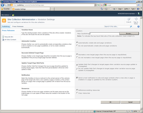 Variation Settings page in SharePoint Server 2010.