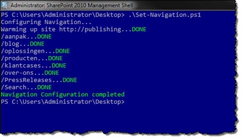 Navigation configuration PowerShell script successfully completed