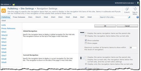 The Navigation Settings page in SharePoint 2010