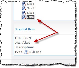 Verifying the URL property of a menu item in the Navigation Settings page
