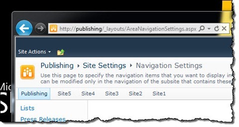 SharePoint 2010 Publishing Site showing menu items as specified in the array