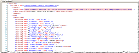XML of an exported web part modified to support assembly discovery