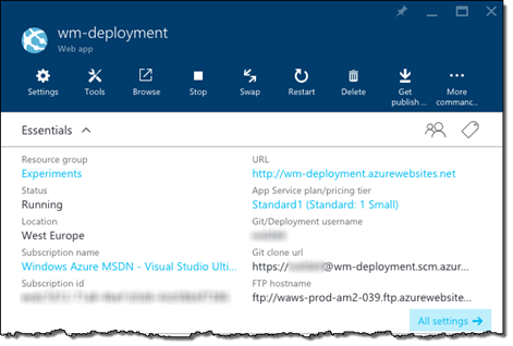 Azure Web App with Continuous Deployment through a local Git repository displayed in the Azure Management Portal