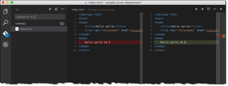Changes to the index.html file displayed in Visual Studio Code