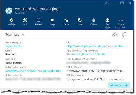 Deployment Slot blade displayed in the Azure Management Portal