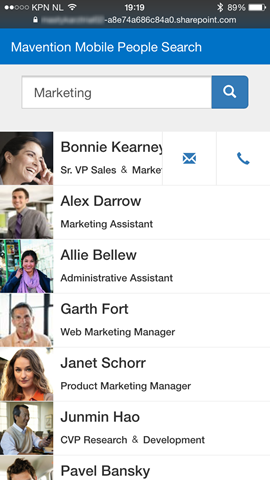 Searching for people on a mobile device with the Mavention Mobile People Search App for SharePoint