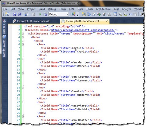 Visual Studio with a new version of the Elements.xml file with unwanted fields removed