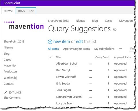 Mavention Query Suggestions’ query suggestions stored in the Query Suggestions List
