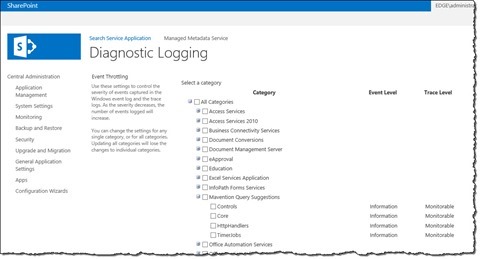 The ‘Mavention Query Suggestions’ logging category on the ‘Diagnostic Logging’ page in SharePoint 2013 Central Administration