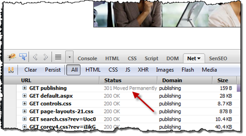 Firebug shows permanent redirect when requesting the site using the root URL.