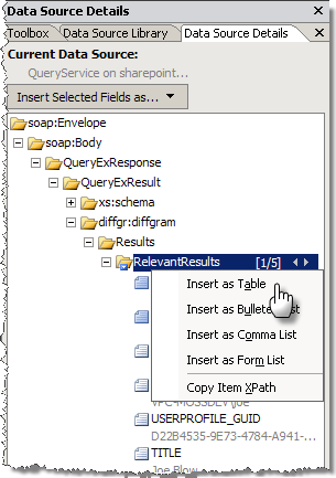 Insert data retrieved by a web service as table in SharePoint Designer