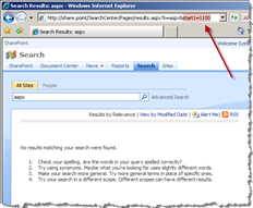 SharePoint Search displays the 'No results maching your search were found' message when invalid search results page requested