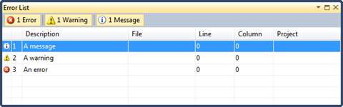 Messages from the logger displayed in the Visual Studio Error List window