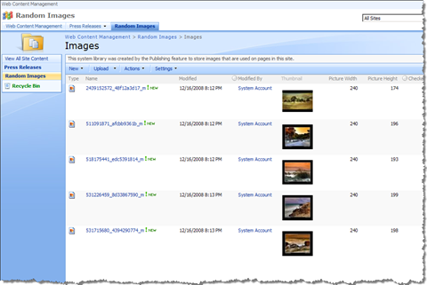SharePoint images list with a couple of images in it