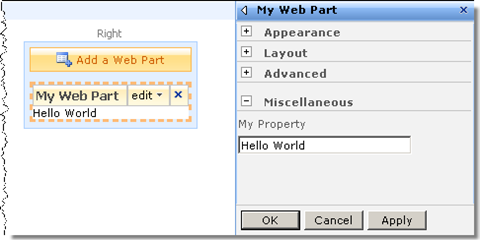 Sample Web Part that displays the text typed in the in the Web Part’s properties