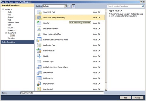‘Add New Item’ Visual Studio 2010 dialog window with the Visual Web Part (Sandboxed) item template selected.