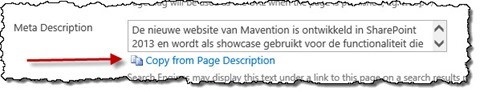 Arrow pointing to the ‘Copy from Page Description’ button underneath the Meta Description field in edit mode