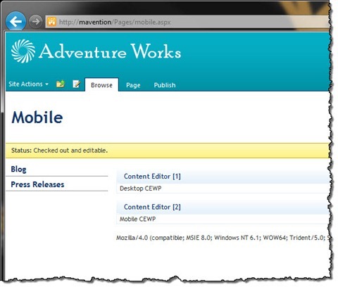 Two Content Editor Web Parts visible on a Publishing Page