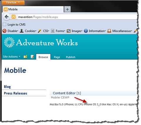 Mobile Content Editor Web Part displayed on a Publishing Page