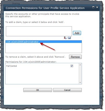 User Profile Service Application Permission screen showing an identity claim