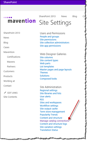 Manage catalog connections link highlighted on the Site Settings page