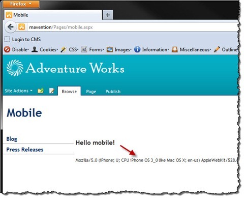 ‘Hello mobile’ text displayed on a SharePoint 2010 Publishing Page