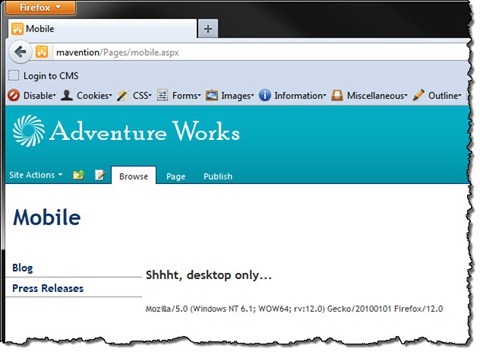 ‘Shhh, desktop only…’ text displayed on a SharePoint 2010 Publishing Page
