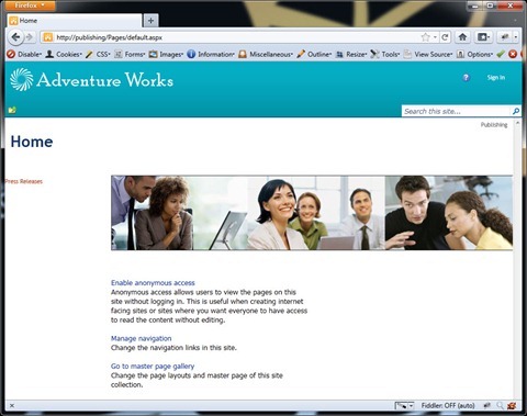 SharePoint 2010 website opened using a mobile browser after applying the mobile redirect workaround