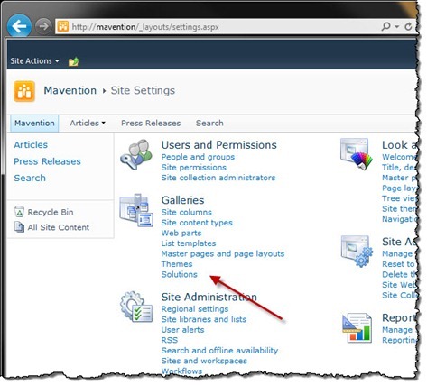 Link to the Solution Gallery highlighted on the Site Settings page