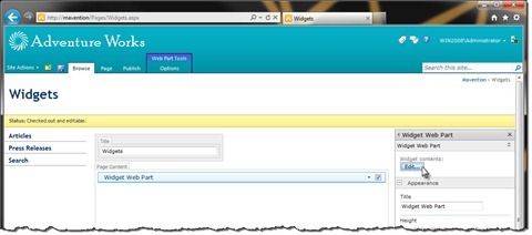 The Edit Widget contents button highlighted in the Widget Web Part properties pane