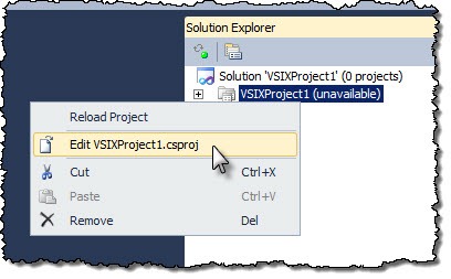 Editing the VSIX project file in Visual Studio 2010