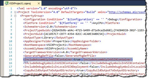 The IncludeAssemblyInVSIXContainer project setting highlighted in Visual Studio