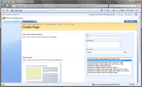 Preselected Page Layout using the LayoutName query string parameter